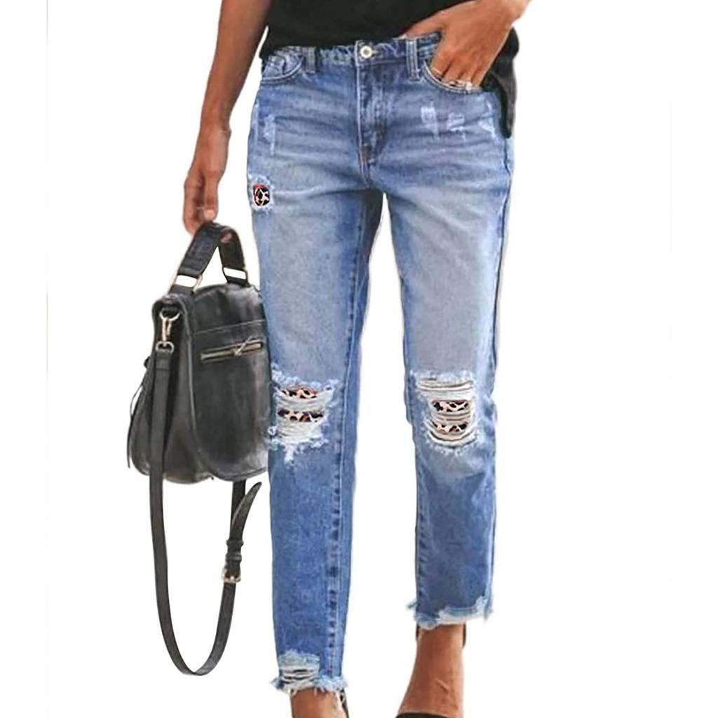 Women Color Hole Low Waist Jeans Flares Patch Jeans Pants Trouser