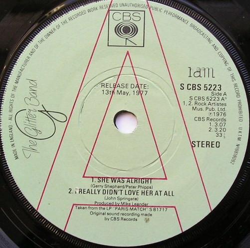 

7inch Record GLITTER BAND - She Was Alright SCBS5223PROMO CBS 1977 UK Rock Used