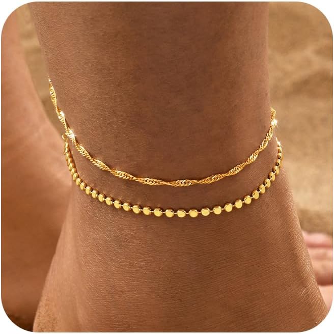 Waterproof 14K Gold Plated Anklets Set for Women Teen Girls, Layered Gold Ankle Bracelets Summer Beach Jewelry Gifts for Her