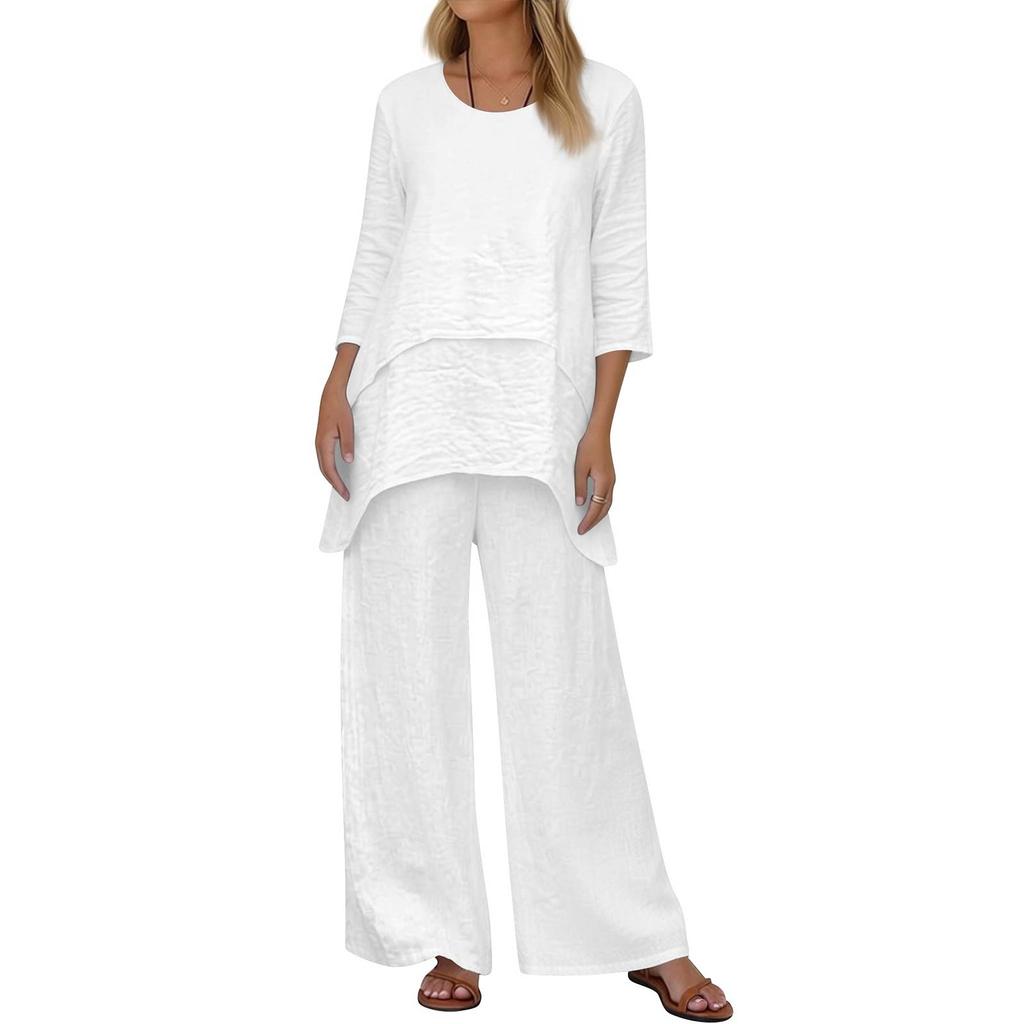 Women's 2-Piece Set: Stylish Casual Round-Neck Loose-Fit Top + Wide-Leg Pants