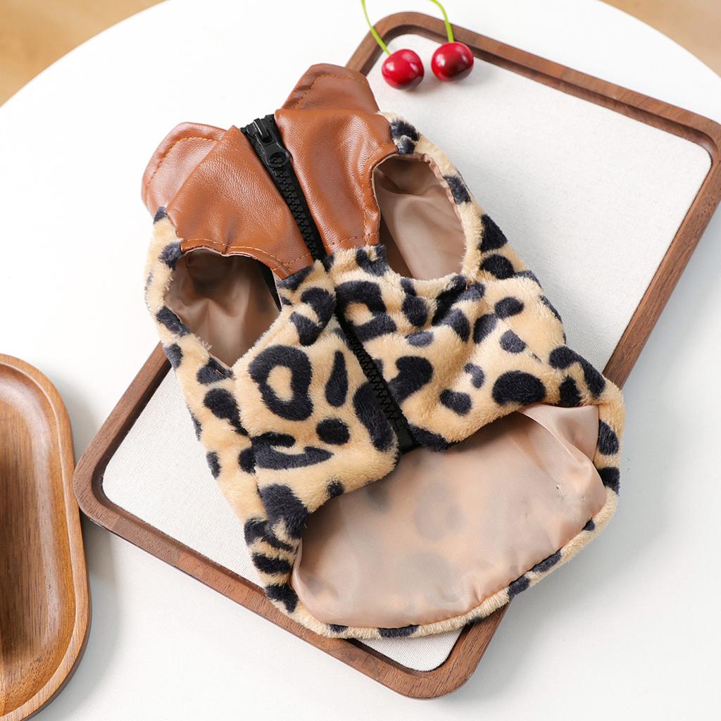 Pet autumn and winter new small dog puppy happy dog cat warm and comfortable leopard leather jacket
