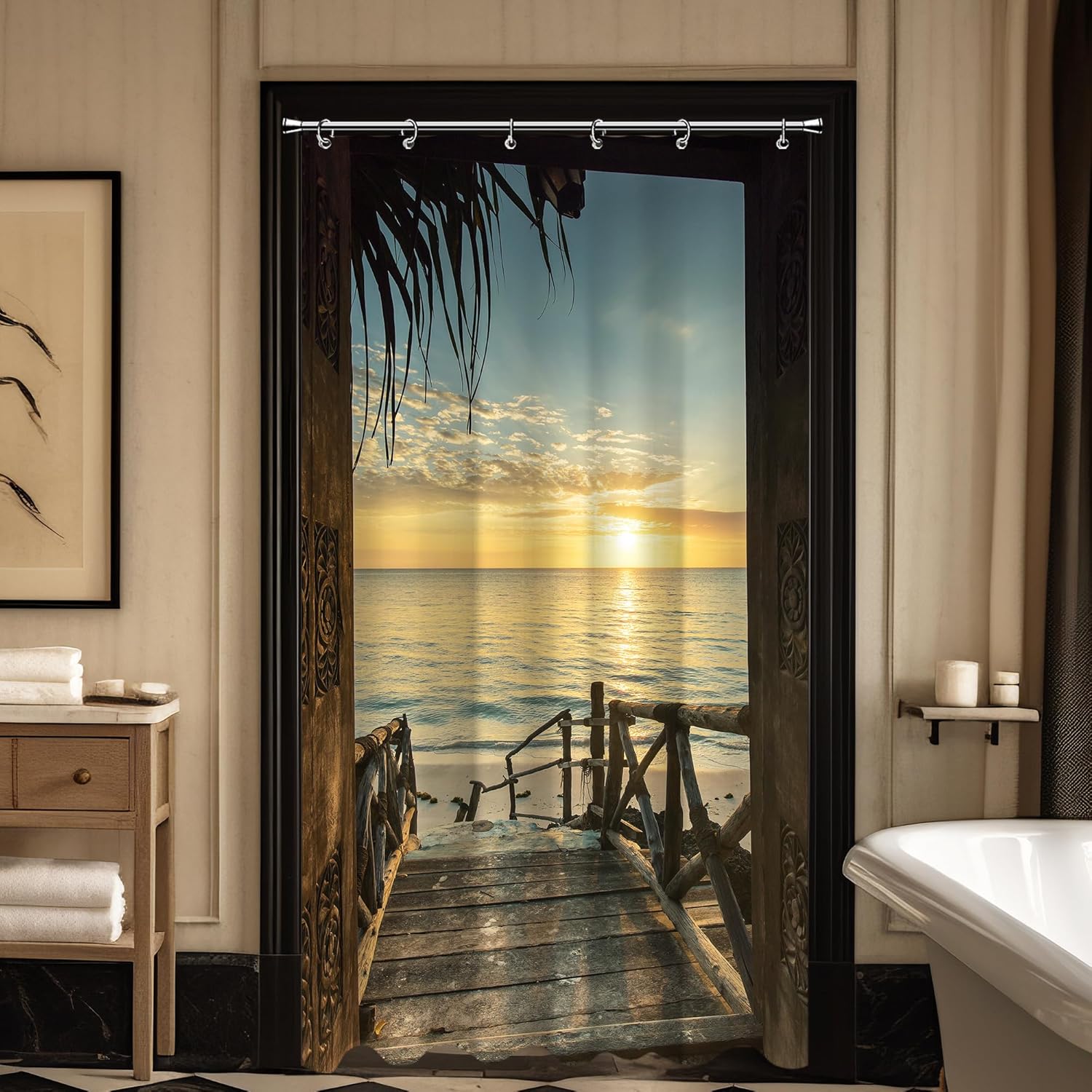 

Beach Sunset Shower Curtain Featuring Wooden Path To Ocean Tropical Vacation Theme Bathroom Decor Nature Inspired Artistic Print W60H190(CM)-1 Pcs
