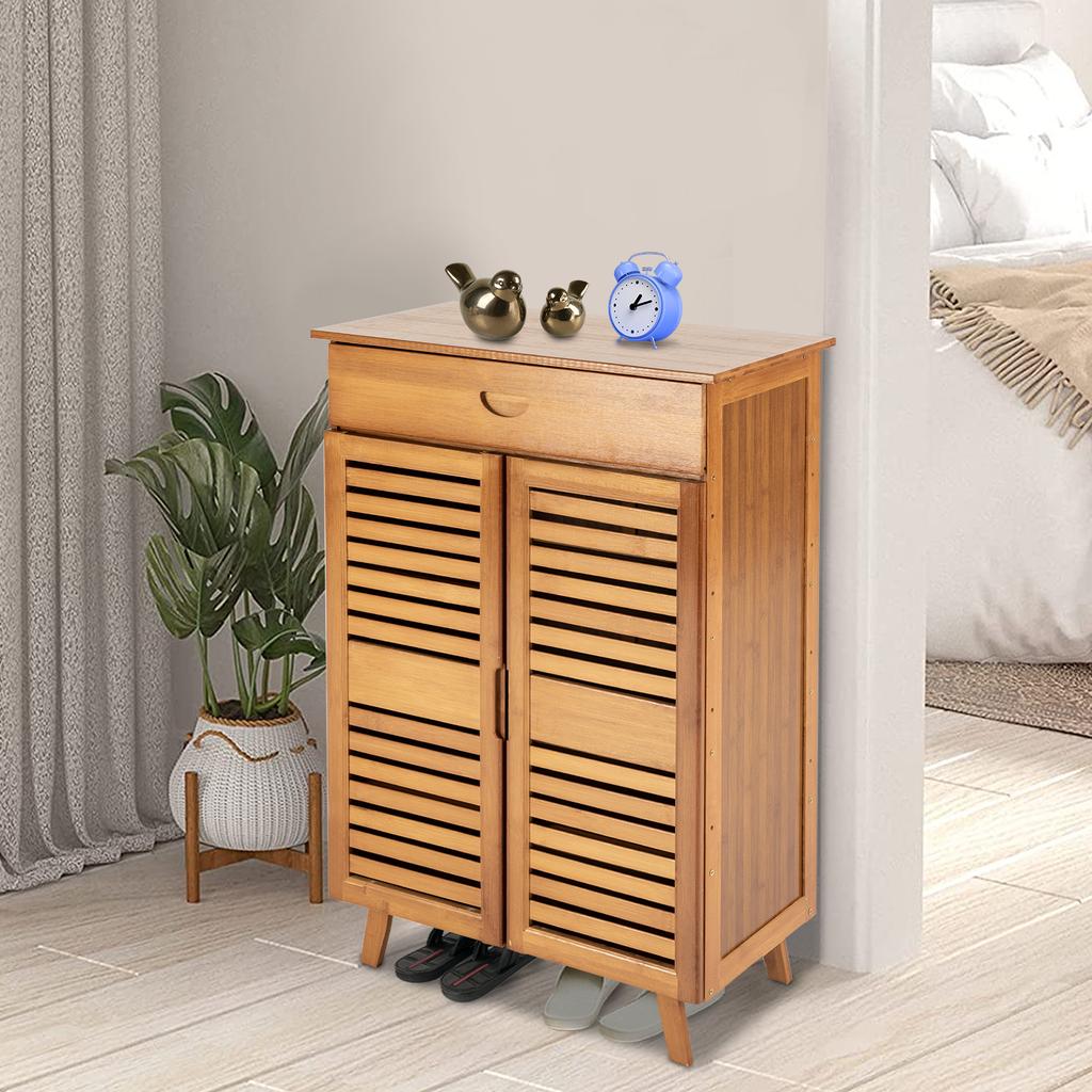 Bamboo Shoe Cabinet W/ Double Doors & Drawer, 4-Tier Large Capacity Shoe Storage, Retro Brown Organizer for Hallway & & Bedroom