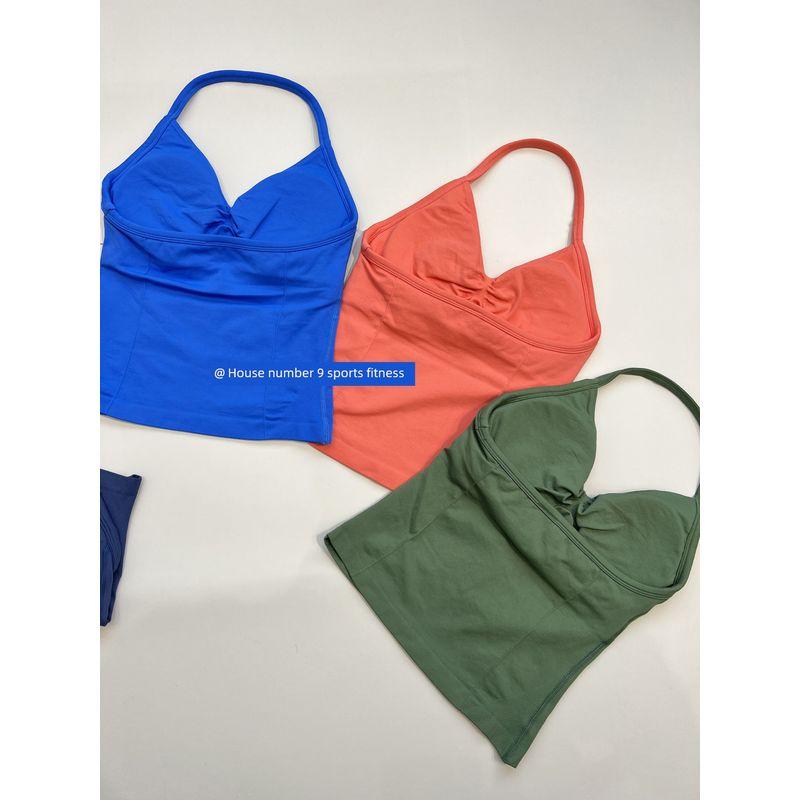 Df Thin-Strap Running Ruched Halter Fitness Bra with Chest Pads, Shaping, Shockproof, Beautiful Back Sports Yoga Tank Top for Women