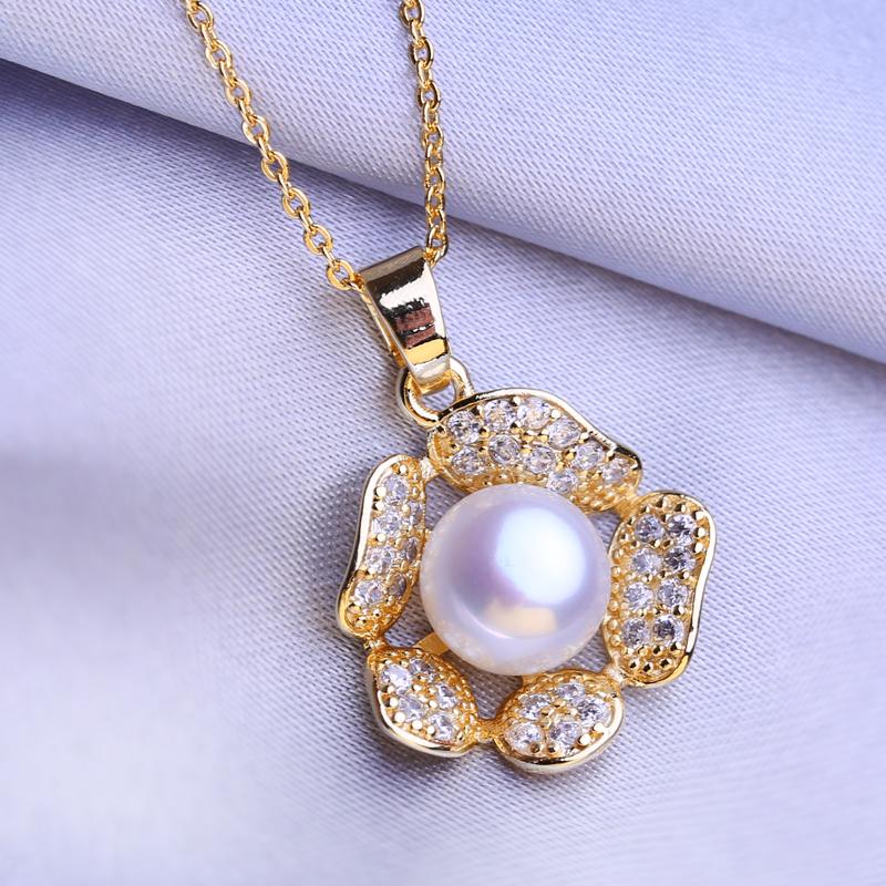 LSOOYH Natural Freshwater Pearl Neckalce Fashion Cubic Zirconia Green Crystal Flower Pendant Necklaces For Women