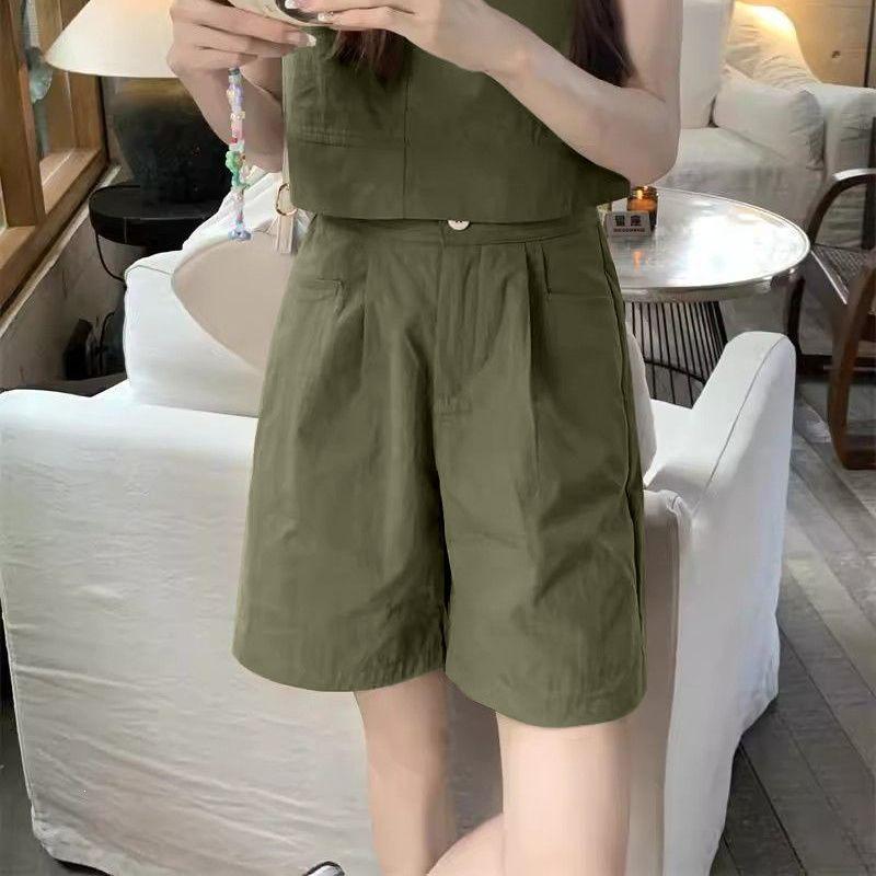 2026 Women's Casual Suit: Loose Vest Top & High-Waist Wide-Leg Shorts Two-Piece Set for Summer