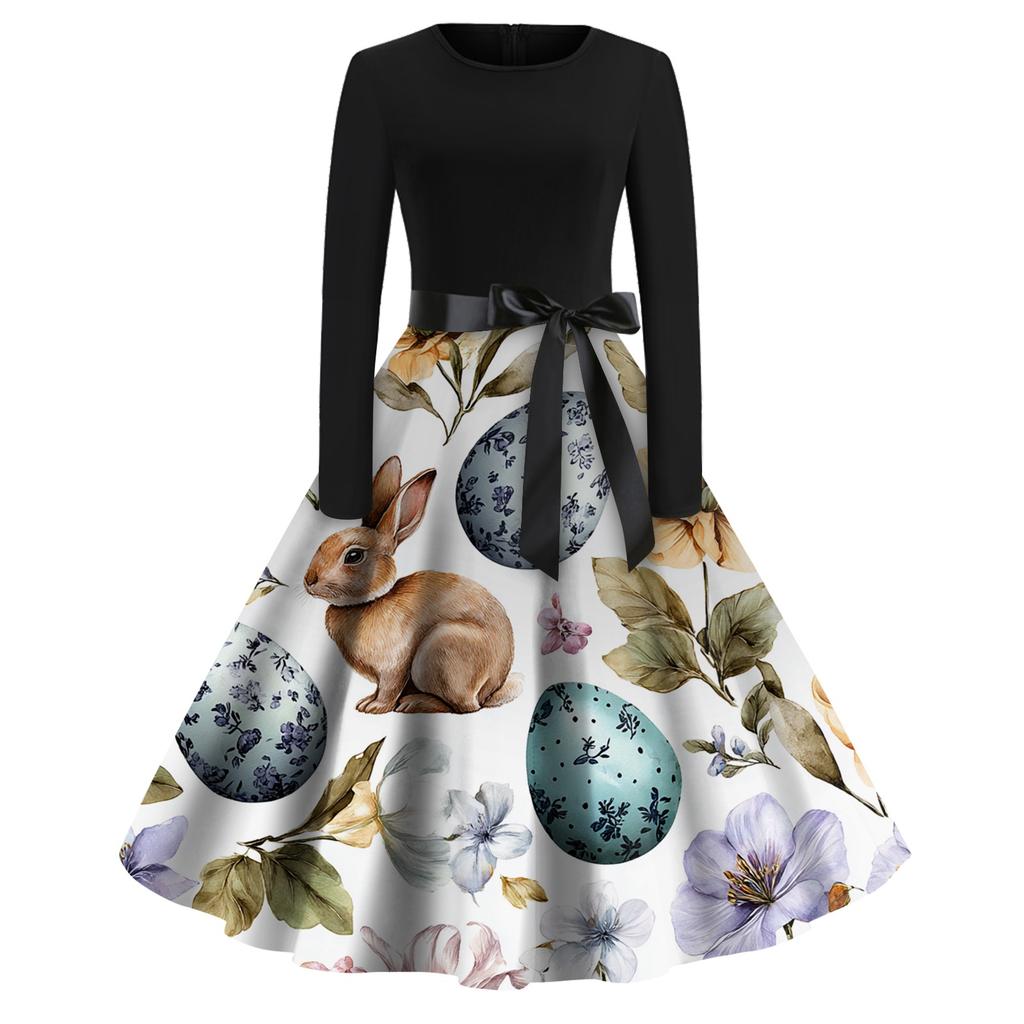 Women's Fashion Round Neck Casual Slim-fit Easter Printed Large Swing Long Sleeve Dress