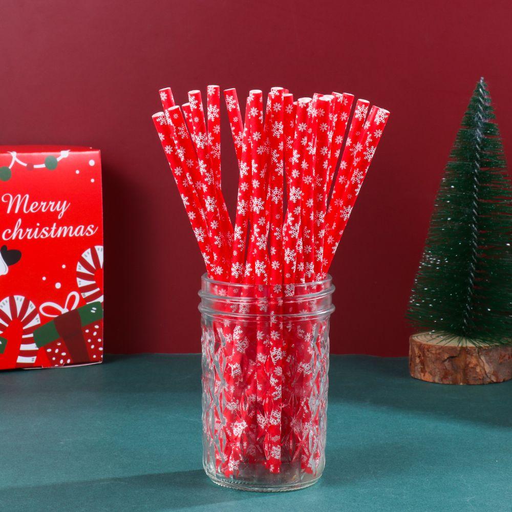 25Pcs Bar Wedding Props  Decor Christmas Paper Straws Snowflake Drinking Straw Disposable Christmas Decorations