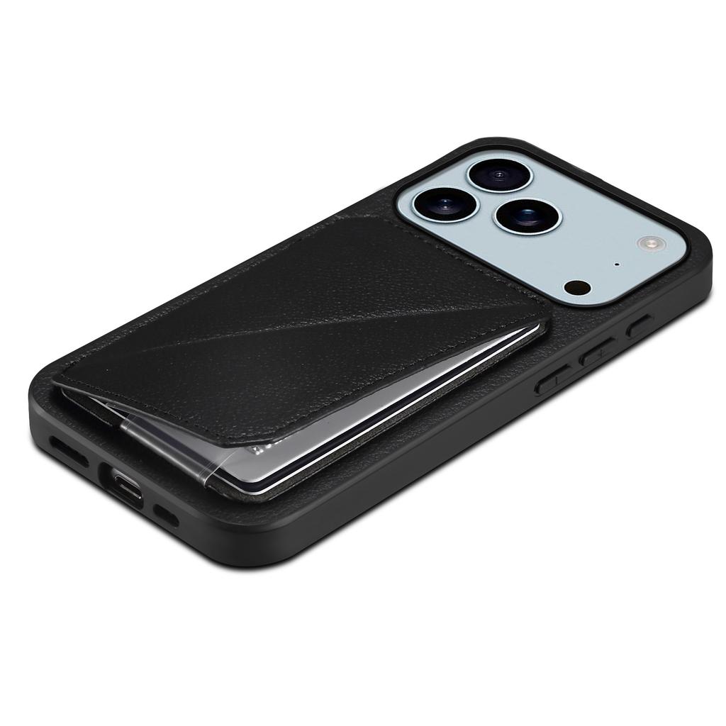 For iPhone 17 Pro Max Case Card Holder Kickstand Calf Textured Leather+PC+TPU Phone Cover