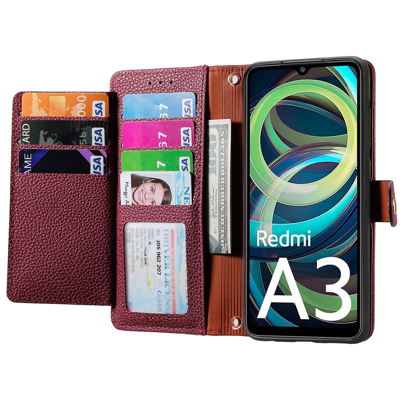 

For Xiaomi Redmi A3/Poco C61 4G Case RFID Blocking Zipper Wallet Leather Flip Phone Cover Wine Red