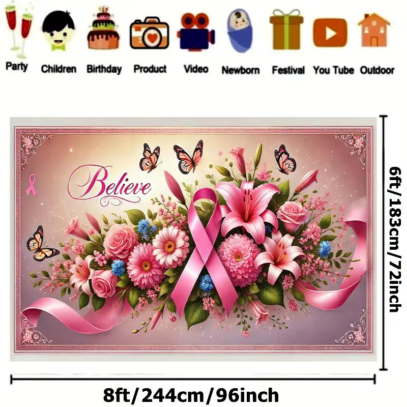 2D Inspirational Believe Pink Ribbon Floral Photography Backdrop Banner