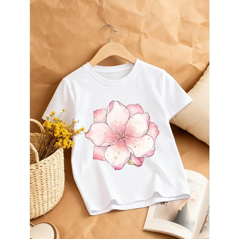 

European sizes Pink Floral Print Girls Crew Neck T-Shirt | Comfortable Casual Style, Perfect for Spring/Summer, Regular Fit 164cm білий