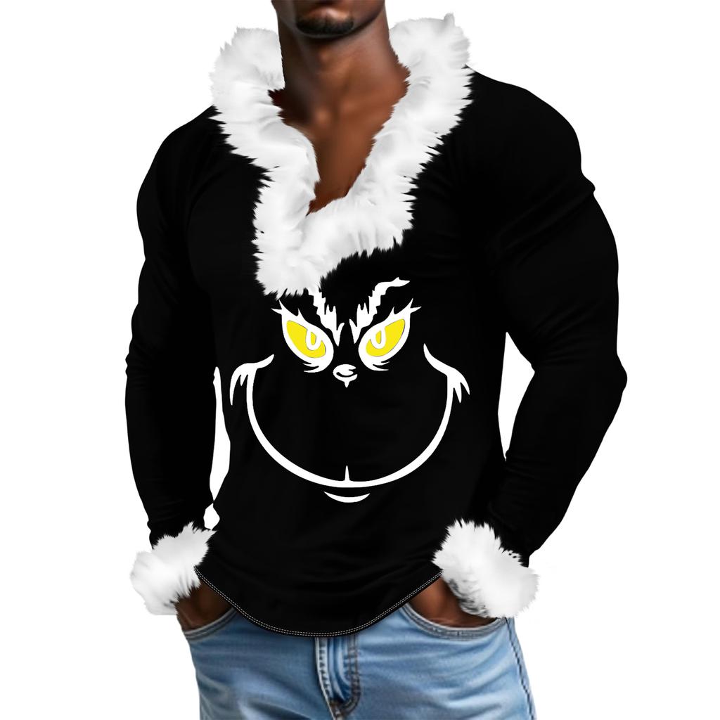 Herren Lässiges Cartoon Bedrucktes Plüsch V-Ausschnitt Mit Fleece Langärmliges Sweatshirt