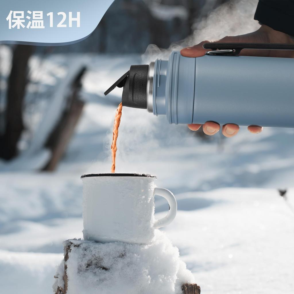 SANTECO Vacuum Insulated Water Bottle, 1 Liter, with Cup, Keeps Cold or Hot, Large Capacity, 316 Stainless Steel Thermos Bottle with Handle, Sports