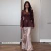 Elegant Satin Feel Tie Waist Long Dress Set for Women - Autumn 2024 Collection