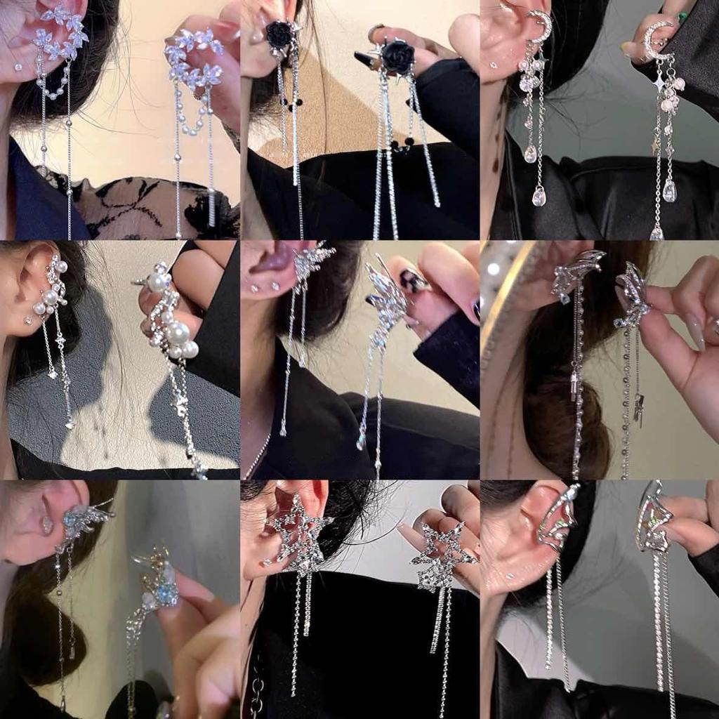 Stříbrné jehlové střapcové sponky do uší s hvězdou a měsícem: Lesklý zirkon, sladký a chladivý styl, bez propíchnutí