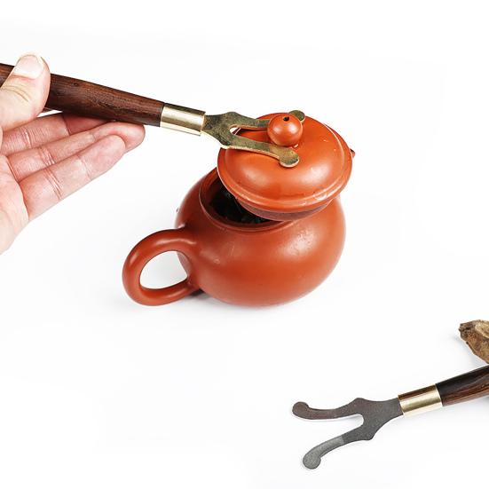 Teapot Lid Clip Heat Insulation Cast Iron Tea Kettle Cover Fork with Wooden Handle Teaware for Living Room
