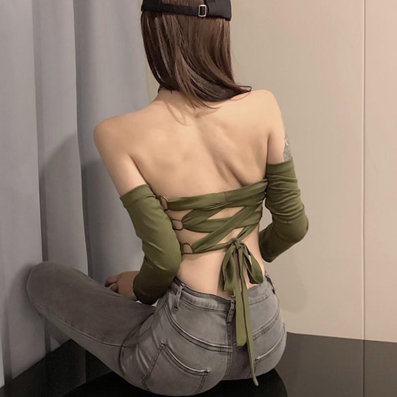Dámské temperamentní jednobarevné tričko s dlouhým rukávem Sexy výstřih přes rameno Krátký top pro ženy Ležérní tričko se šněrováním na zádech
