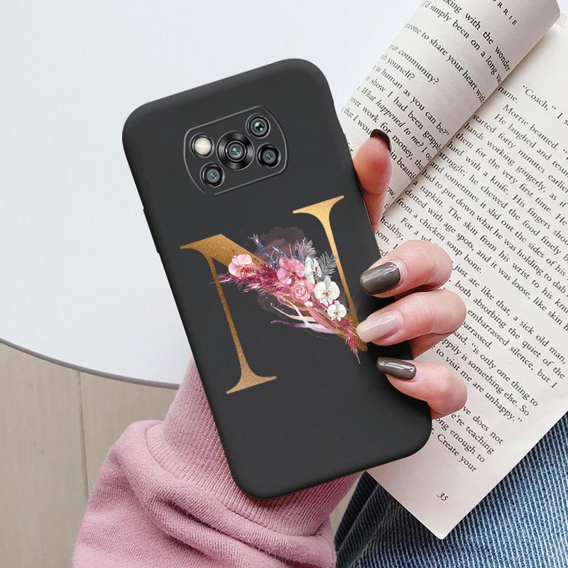 Letter Case For Poco X3 NFC PocoX3 Pro Back Cover Retro Flowers Pink Black Soft TPU Initial Fundas For Xiaomi Poco X 3 Pro Coque