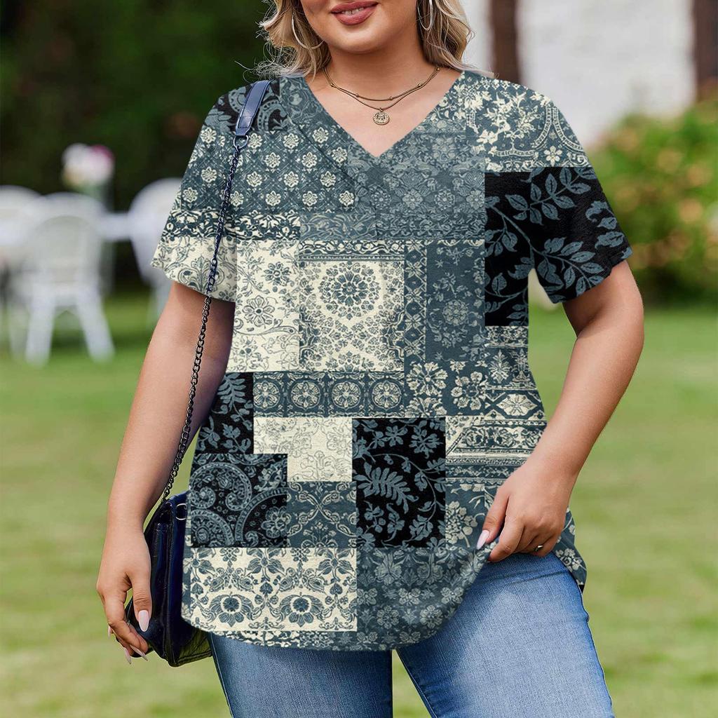 Women's Plus Size Fashionable Casual Loose-Fit Short Sleeve Elegant V Neck Blouse For Work