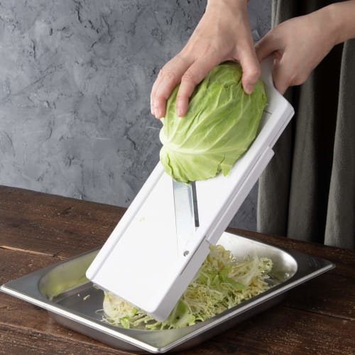 Shimomura Kougyou Slicer (SFS-102) Made in Japan with Holder, Adjustable Thickness, 0.8mm-3.0mm, for Cabbage, Juliennes, and Tomato Slices. Made in Ts