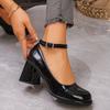 Ankle Strap Chunky Heel Mary Janes Pumps Women Fashion Black Patent Leather Dress Shoes Woman Elegant Round Toe High Heels Pumps