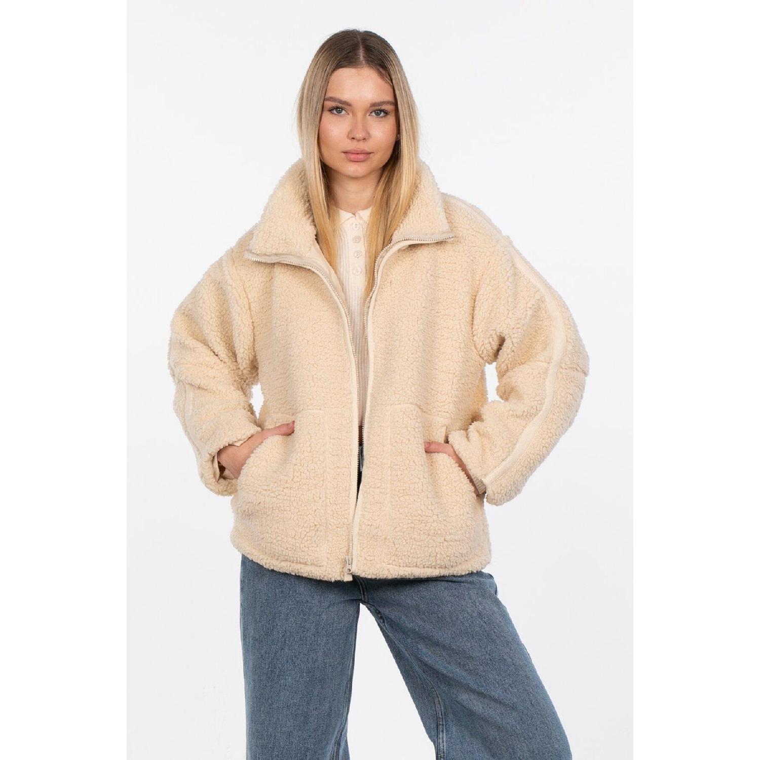 

Plush Coat With Stand Collar And Pockets S бежевый