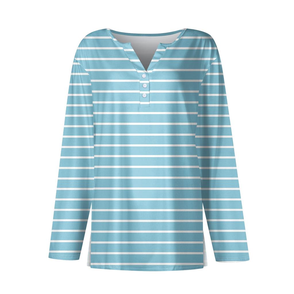 Damen T-Shirt mit Knopfleiste, Blumendruck, langärmelig, für den Alltag, Wochenende, Basic, V-Ausschnitt, normales Oberteil