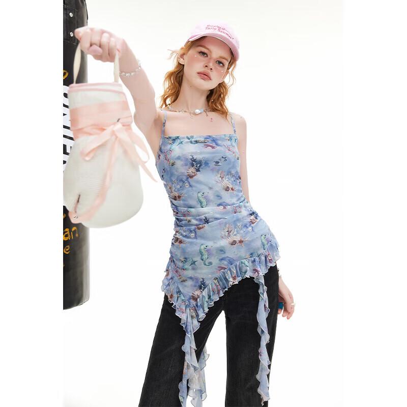 UNIFREE Blue Floral Mesh Strap Dress L