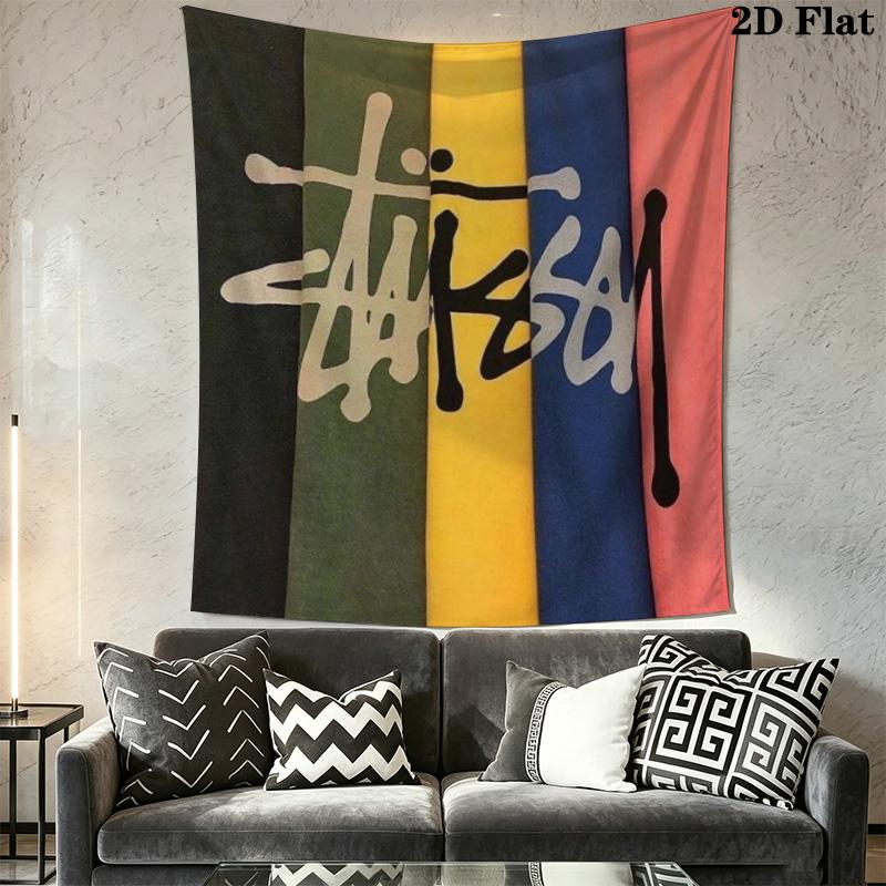 City List Text Tapestry, Black Background Street Brand Logo No.4 Wall Hanging Decor