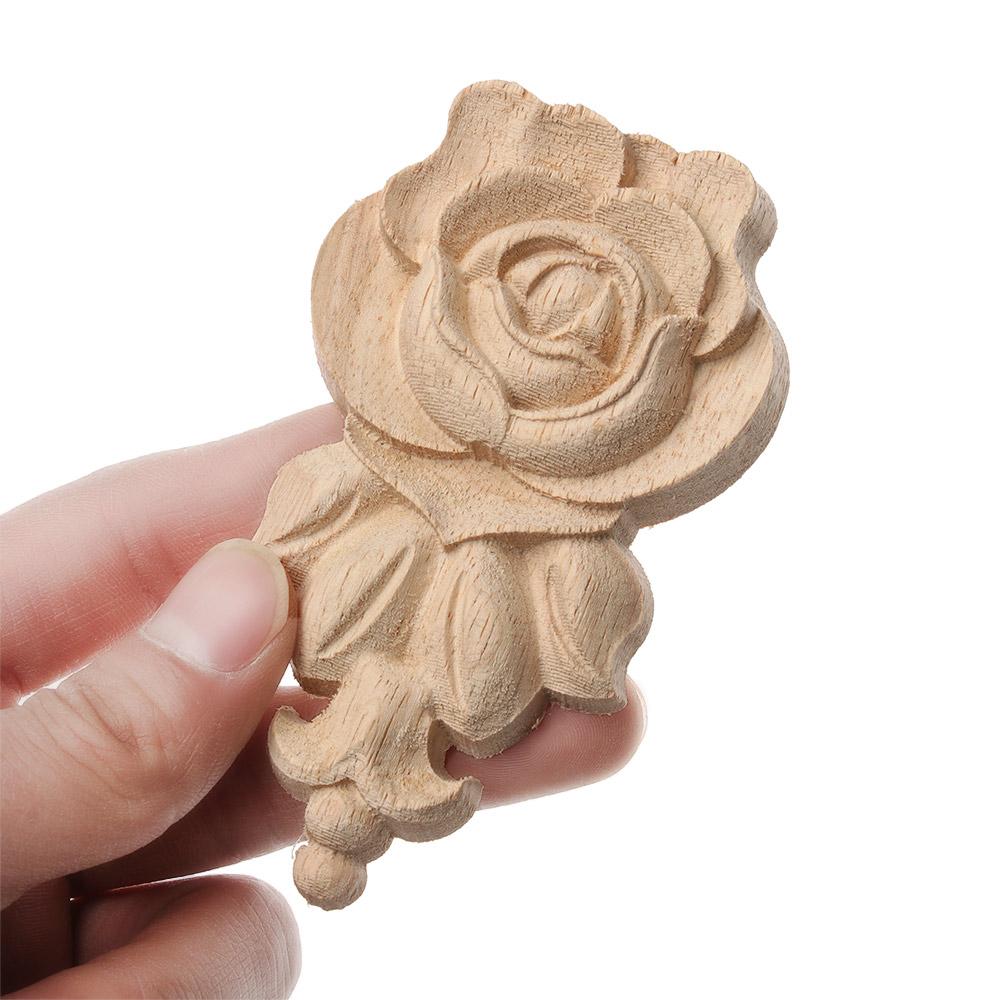 Natural Woodcarving Rose Flower Corner Appliques Wood Floral Carved Furniture Cabinet Door Unpainted Mouldings Decal Decorative