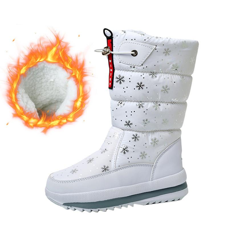 NEW White Women Boots Winter Shoes Warm Plush Mid-calf Boots Waterproof Rubber Non-slip Platform Snow Botas Female Plus Size 42