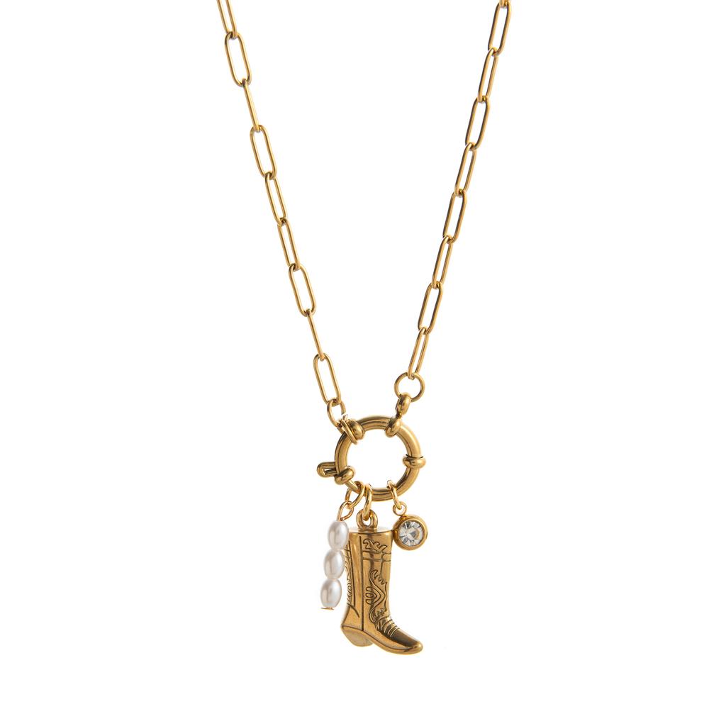 Retro Fish Boots Flower Loop Necklace with Multiple Pendants DIY Boots Love Pearl Plated 18K Gold Color Preserving