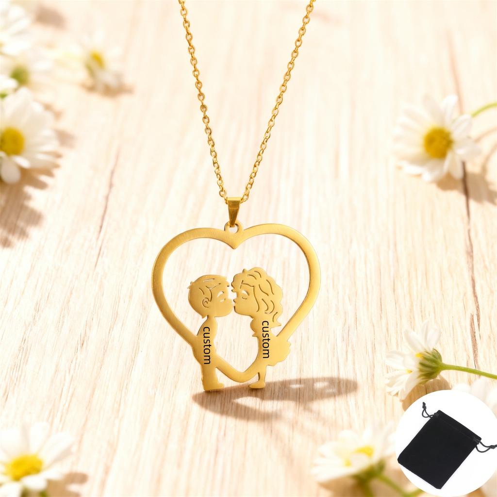 Customized Name Couple Kiss Little Person Necklace Stainless Steel Personalized Heart Name Love Necklace Jewelry Gift