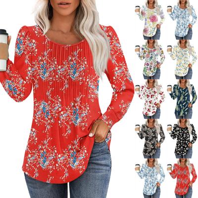 Long Sleeve Shirts For Women Cute Print Graphic Tees Blouses Dressy Casual Blouses Pleated Scooped Neck Tunic Tops