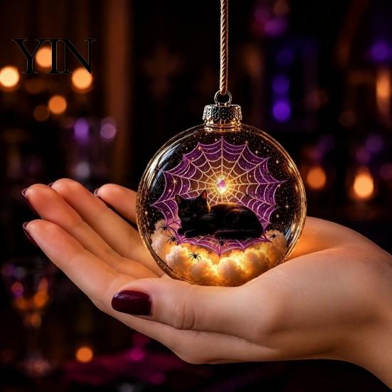 Festive Hanging Decoration Halloween Clear Ball Decoration, Glowing Sphere Ornament with Skeleton, Pendants Pumpkin, Spider Web, Black Cat Decor,