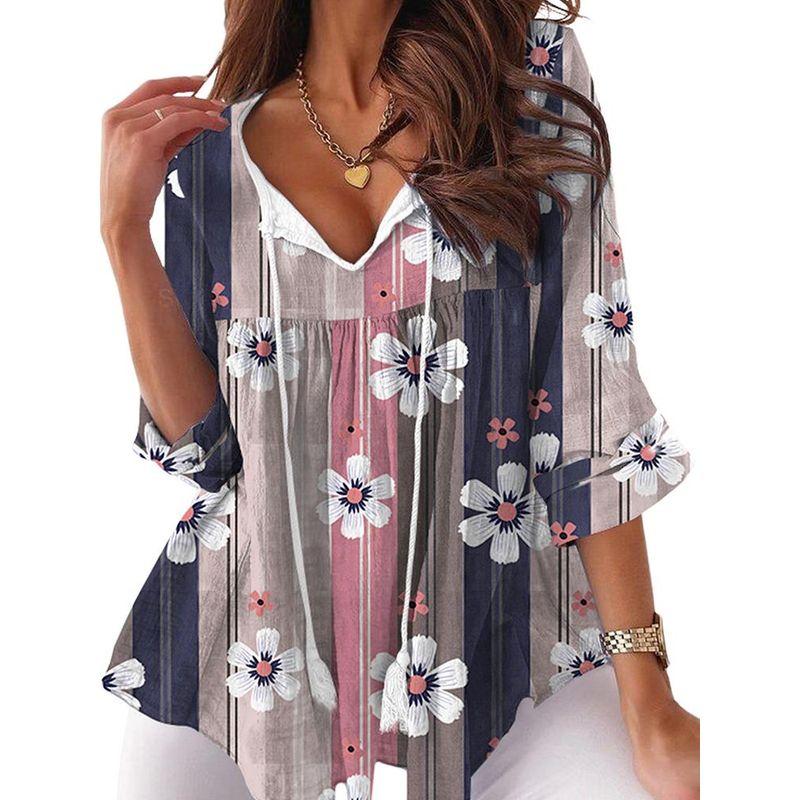 American Shiying Fresh Floral Print Chiffon Shirt Women 2025 Summer New Color Matching V neck pullover