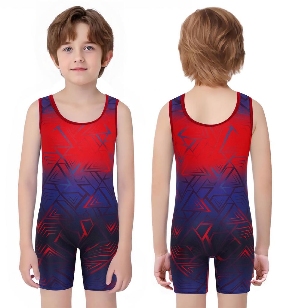 Boys Cycling Workout Bodysuit: U Neck Sleeveless Geometric Print Singlet for Wrestling Exercise Training