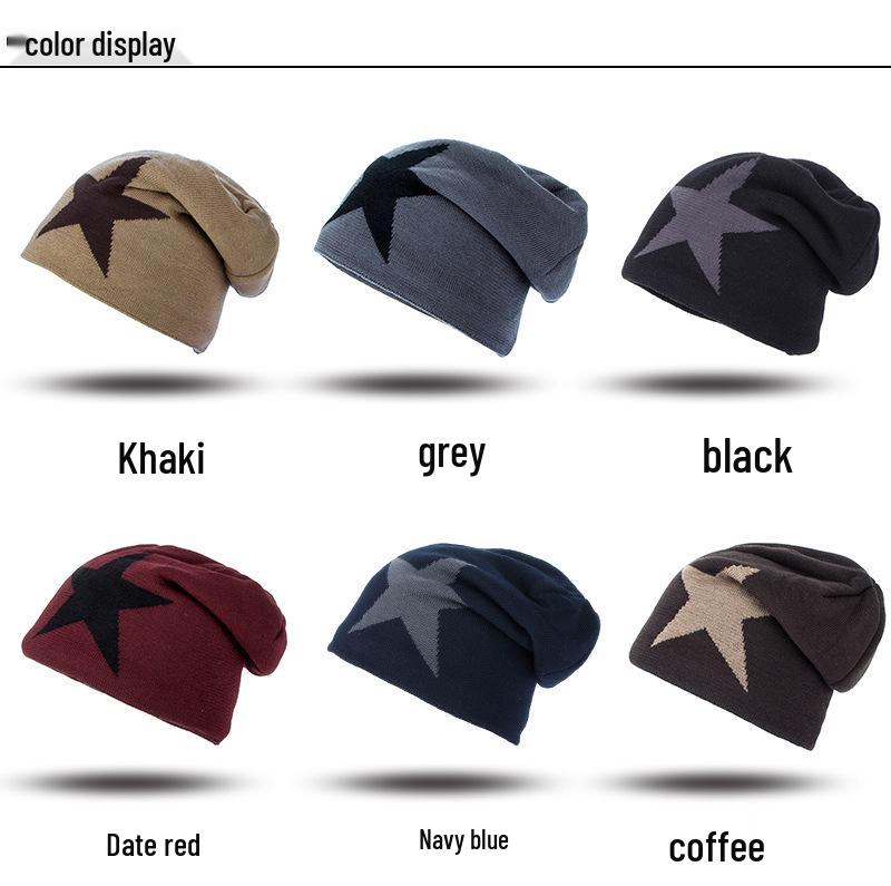 Trendy Korean Style Men's Knitted Wool Hat with Velvet Lining and Star Design for Winter