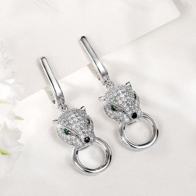 Leopard Head Copper Earrings with Green Eyes - Elegant Statement Drops for Women