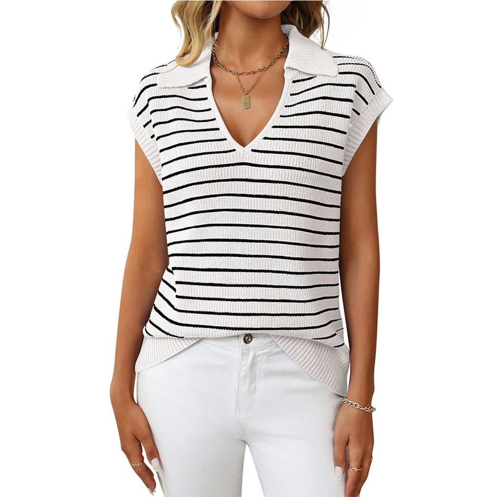 Women's V-neck Knitted Top Casual Striped Sleeveless Lapel Sweater