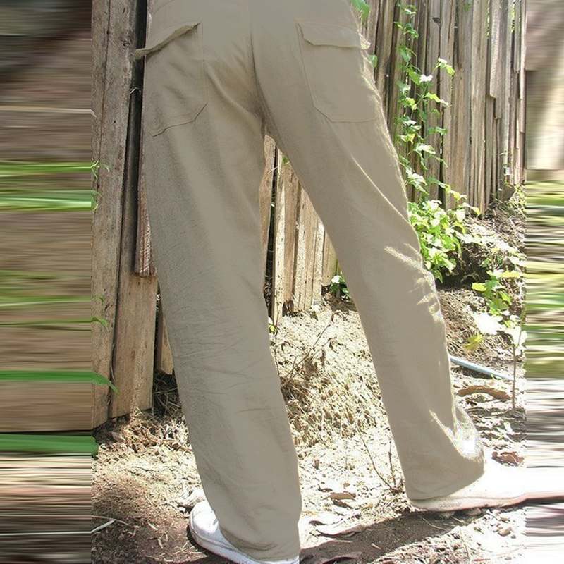 Cross-border men's casual summer breathable pants waist drawstring pockets cotton and linen trousers beach pants