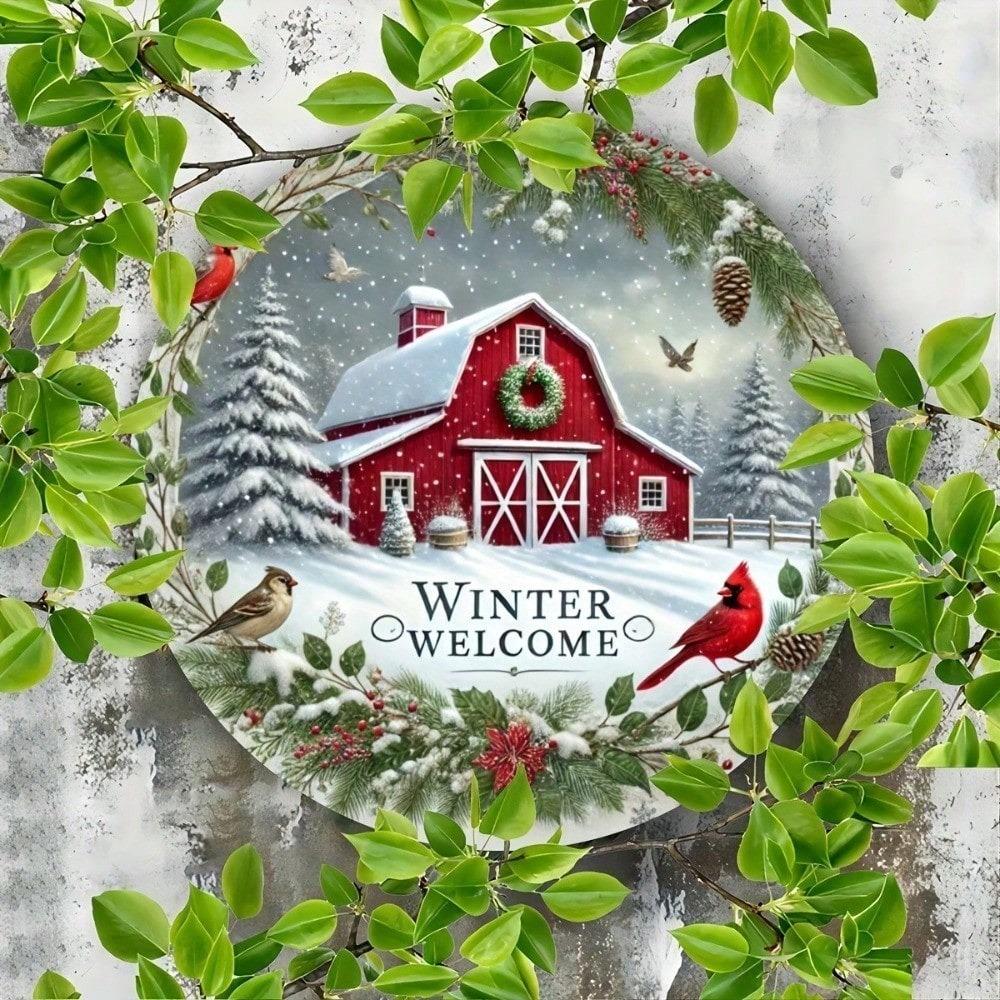 Vintage Red Barn Snowy Tin Metal Sign 8x8 Rustic Winter Farmhouse Wall Art Home Decor Kitchen Bar