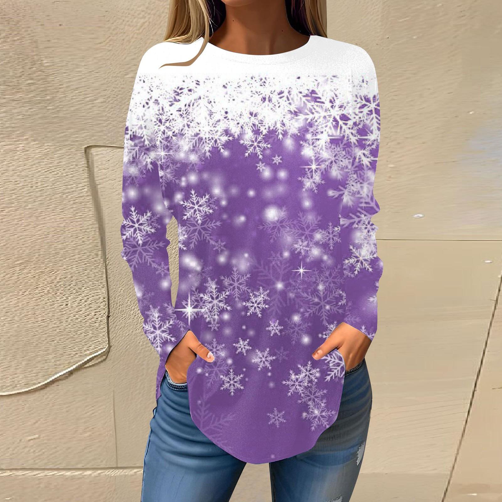 

Футболки для женщин, осенние повседневные рубашки с длинными рукавами, толстовка с ретро-принтом, топ для рождественской вечеринки, пуловер XXL фиолетовый