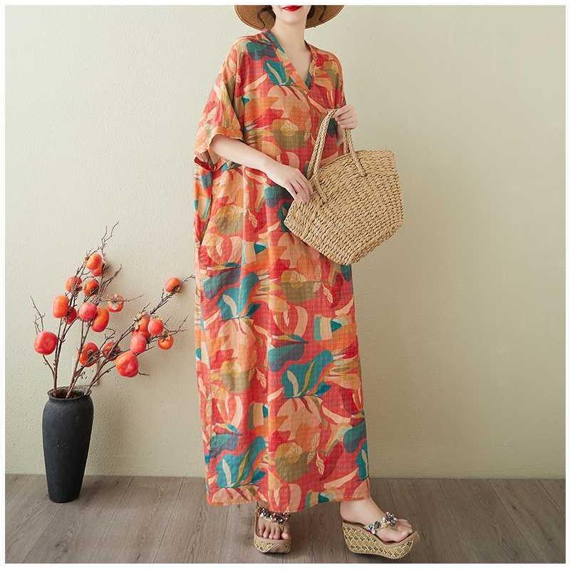 Women's Vintage Long Dress with Cotton and Linen Patterns