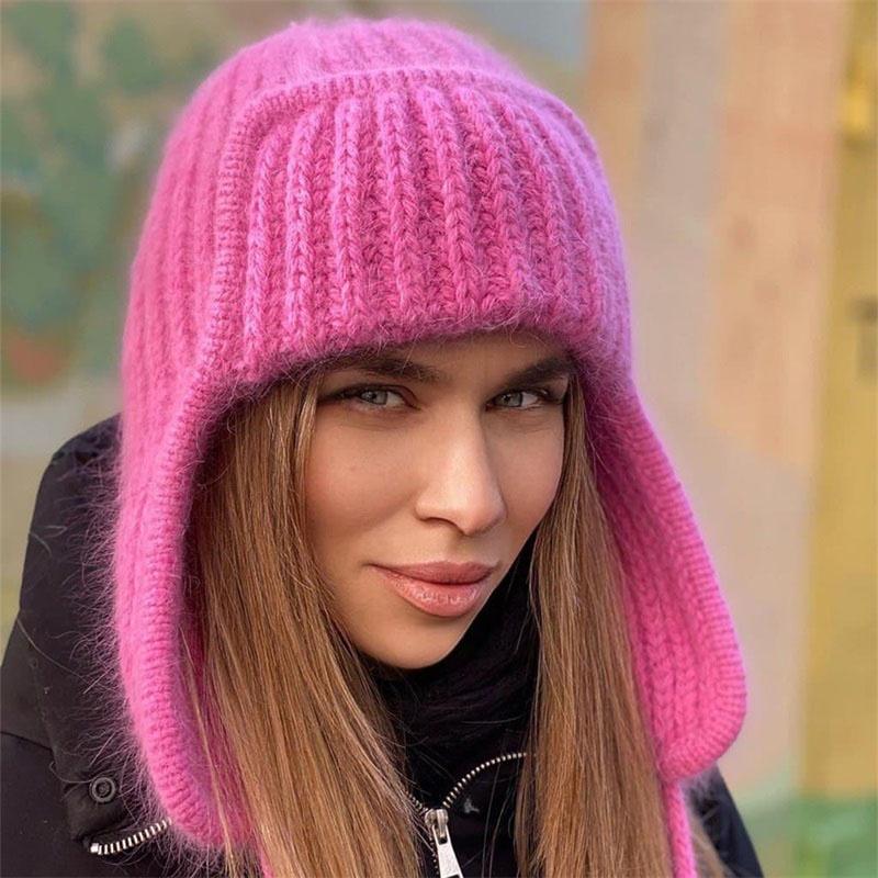 Autumn Winter Ladies Knitted Hat Women Leisure Lei Feng Style Solid Color Flanging Tie Up Ear Protection Windproof Warm Cap Bomber Hats Outdoor