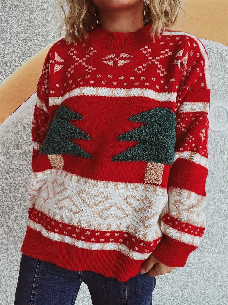 Christmas sweater women's casual round neck knitted Christmas tree cartoon jacquard holiday New Year sweater 3517 KTB