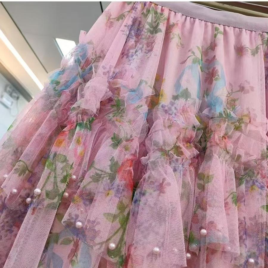 Reinforcement Nail Pearl Patchwork Printed Mesh Cake Dress Half Skirt for Girls New Hollow Out Long Dress