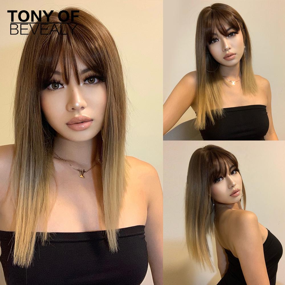 Medium Length Ombre Brown To Blonde Straight Hair Wigs with Bangs Synthetic Wigs for Women Cosplay Heat Resistant Natural Wigs