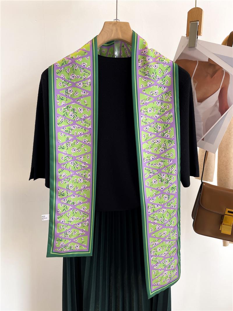 

Модный шелковый шарф с цветочным принтом для женщин, тонкий, длинный, узкий, офисный, шаль, банданы, женские тонкие повязки для волос 145x12CM